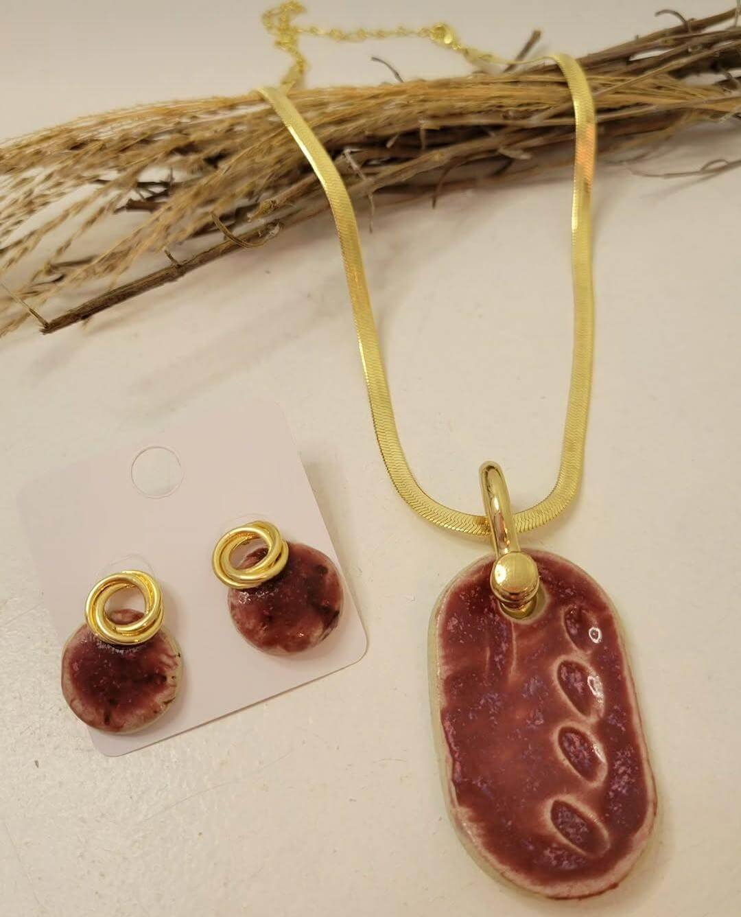 Conjunto Biojoia de Cerâmica Grená